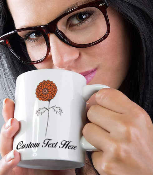Custom Ceramic Coffee Mug 11 Ounces, Marigold Silhouette Dark Orange Nature Flowers & Plants, Personalized Text Here