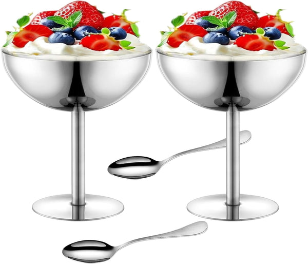 Ice Cream Bowls Stainless Steel Dessert Cups with Spoons Reusable Footed Sundae