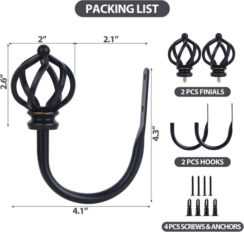 KAMANINA Decorative Curtain Drapery Holdbacks, Twisted Cage Finials, Black (1 Pair/2 Pack)