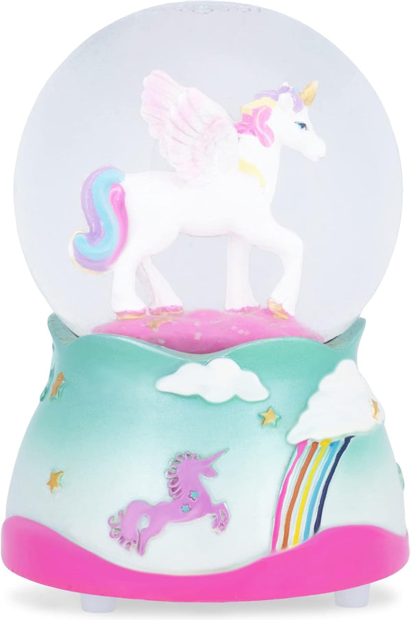 Elanze Designs 80MM Flying Rainbow Unicorn Musical Glitter Water Snow Globe, Plays Tune, Tabletop Decoration