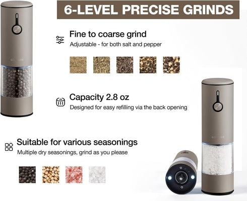 Set, 6 2packBrown Stainless Steel Rechargeable Electric Salt and Pepper Grinder USB Charging with Dust Cover