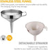 Kitchen Funnel, 3 Piece Stainless Steel Set with Handle and Removable Strainer for Liquid Transfer