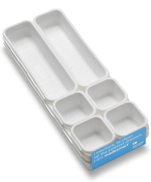 Madesmart 9-Piece Interlocking Bin Pack for Drawer Organization, White Plastic Organizer Tray