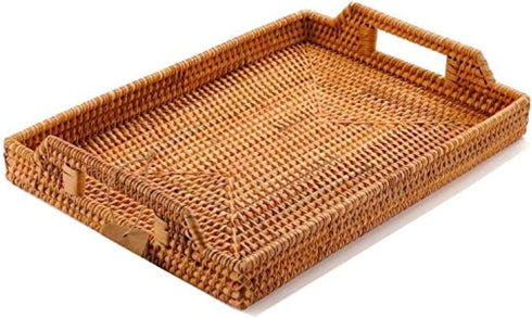 Small Hand-Woven Rattan Serving Tray with Handles 14.5" Rectangular Snack Tray for