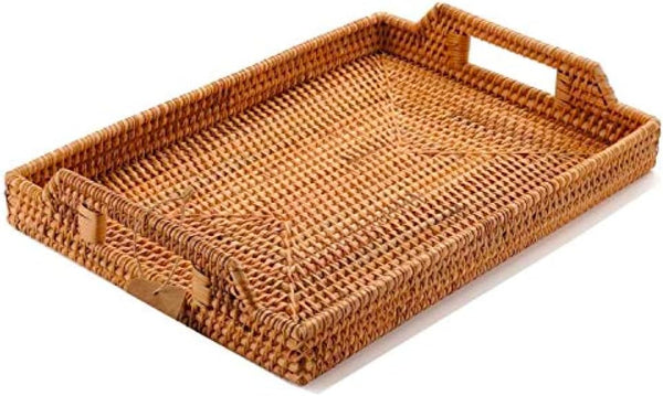 Small Hand-Woven Rattan Serving Tray with Handles 14.5" Rectangular Snack Tray for