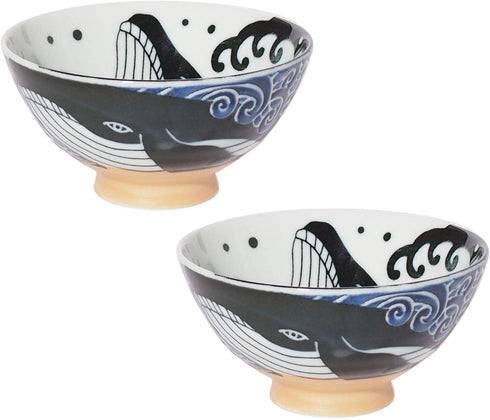 Minoru Touki White Wave Whale Blue Ceramic Rice Bowl, Small Set of 2 f4.4×H2.4in 11.29oz