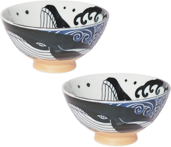 Minoru Touki White Wave Whale Blue Ceramic Rice Bowl, Small Set of 2 f4.4×H2.4in 11.29oz