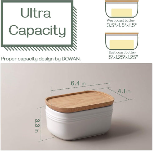DOWAN Ceramic Butter Dish, Extra Large Butter Keeper for Countertop or Fridge, Airtight Butter Container with Wooden Lid, Farmhouse Kitchen Decor and Accessories, Freezer Safe, White