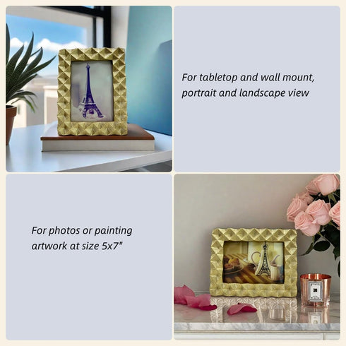 Ornate Gold 5x7 Picture Frame - Polished Geometric Portrait and Landscape Frames for Table & Wall Mount