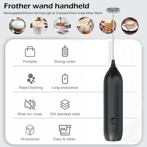Electric Handheld Drink Mixer, Rechargeable Milk Frother Wand with USB-C for Coffee, Lattes, Matcha, Hot Chocolate