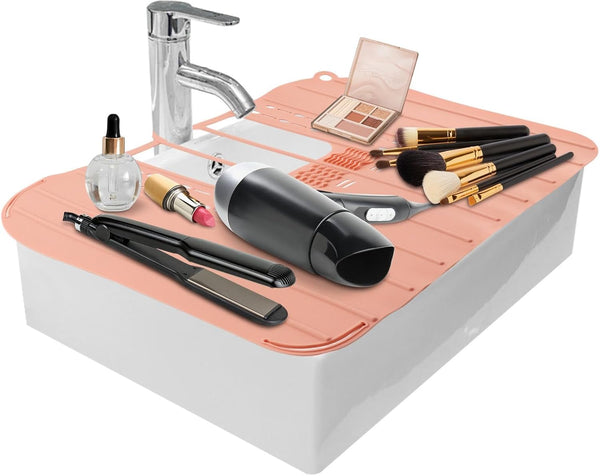 Bathroom Sink Cover for Counter Space, Foldable Sink Toppers, Silicone Makeup Brush Cleaning Mat, Light Pink