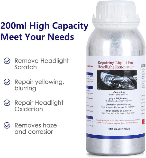 200ML Headlight Restoration Liquid,Automobile Headlight Lens Polish Repair Liquid, Car Headlight Scratch Restoring Fluid for Repair Headlight Yellowing, Haze, Scratches