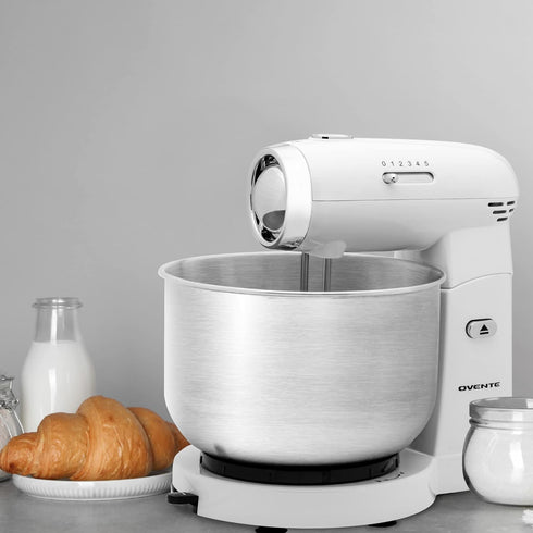 OVENTE 3.5-Quart Electric Kitchen Stand Mixer, 250-Watt Power, 5 Speed Control, White, 2 Blender Attachments SM680W