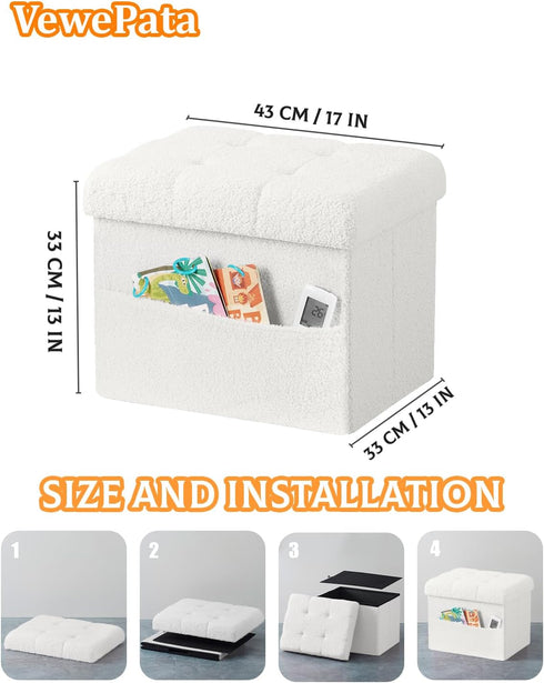17" 13" 13" Storage Ottoman Foot Stool,Faux Teddy Tufted Foot Rest, Space Saver Chair with Storage,Ergonomic Stool