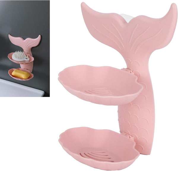 Soap Bar Holder, Self Draining Soap Dish, Mermaids Tail Double Layer Soap Dish for Bathroom Kitchen Sink