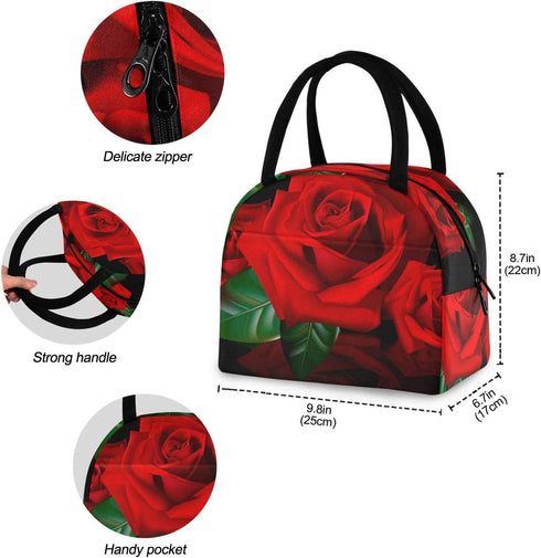 Red Rose Lunch Bag Tote for Women, Insulated Lunch Container