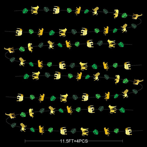 52Ft Gold Animal Green Palm Leaf Garland Banner for Jungle Safari Animal Party Decorations, 1st Birthday Supplies