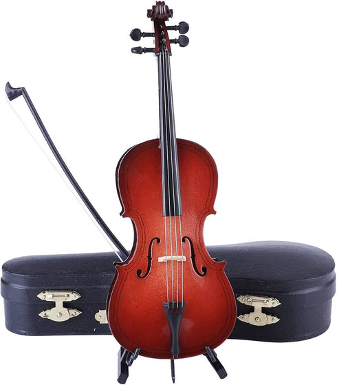 Dselvgvu (8.07"x2.87"x0.91") Wooden Miniature Cello with Stand, Bow and Case Mini Musical Instrument Cello Replica