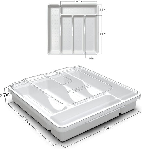 Silverware Tray with Lid, Utensil Drawer Organizer for Kitchen Countertop, 5 Compartments Plastic Flatware Holder