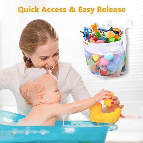 Bath Toy Organizer Large Capacity Mesh Storage with Wide Opening, Quick Release Bottom Zipper, Wall-Mounted & Foldable