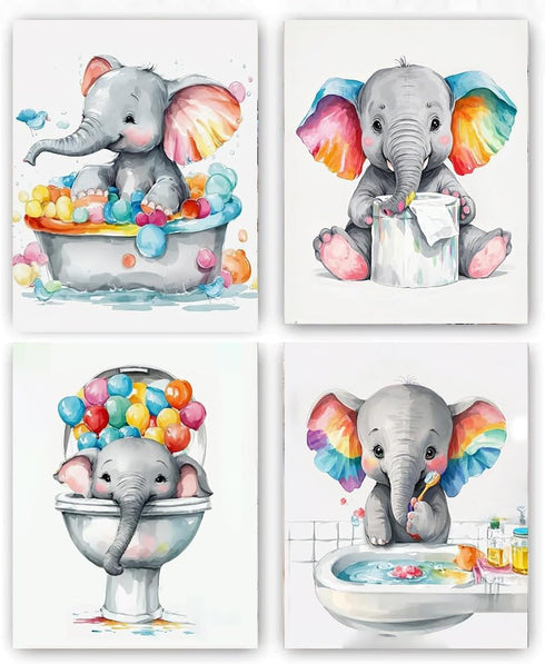 TANXM Kids Bathroom Art Set, Funny Elephant Calf Bathroom Toilet Wall Decor,