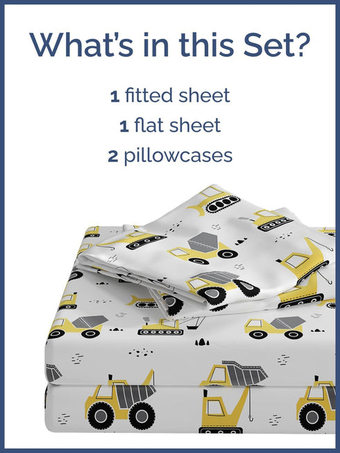 4 Set Set Kids Full Size Construction Bed Sheets - Piece Car Microfiber Sheet - Excavator Themed Bedding - Soft, Cute
