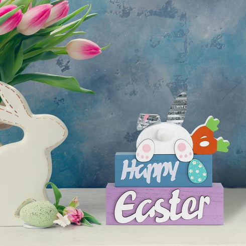 3-Layered Easter Decorations, MEETYAMOR Easter Bunny with Carrots Farmhouse Wood Block Easter Decor, Happy Easter Sign