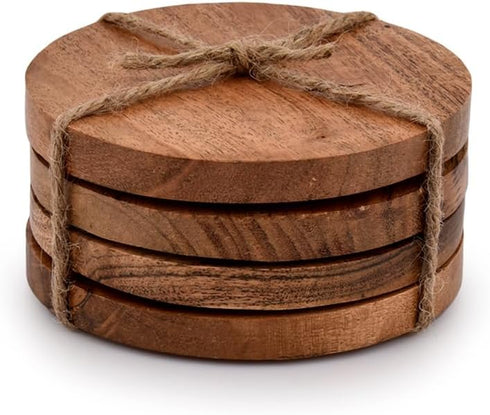 Samhita Acacia Wood Round Coasters, Set of 4 for Protection of Tabletop, Countertop from Water Marks or Damage