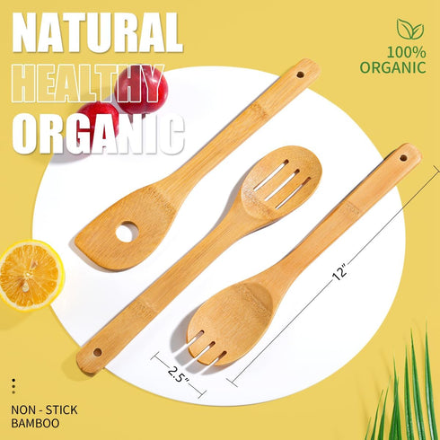 IOOLEEM Bamboo Wooden Spoons for Cooking, 6 Pcs 12 Inch Non-Stick Kitchen Utensils Set, Durable Wooden Spatula Spoons