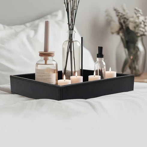 Decor Trends Leather Valet Organizer for Men Black Catchall for Wallet, Keys, EDC, Jewelry, and Perfume Nightstand