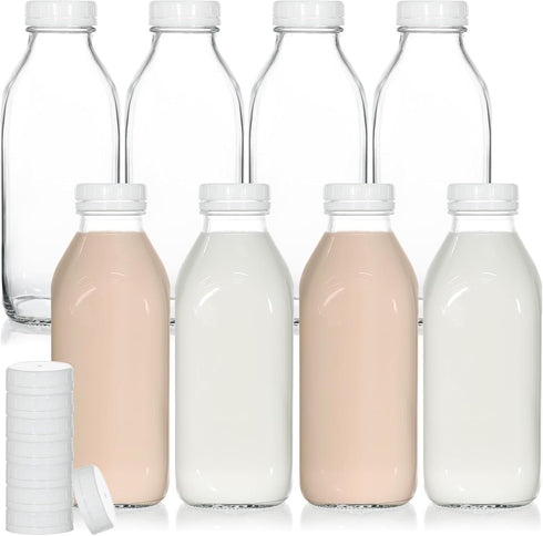 KEYWING 8 Pack 32oz Glass Milk Bottles with Airtight Lids Reusable, Leak-proof