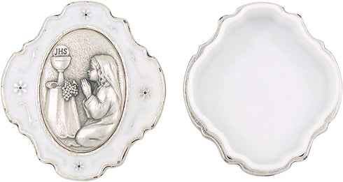 Small Metal Keepsake Rosary Box, 1 3/4 Inch, White