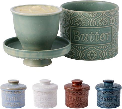 TEATALK Ceramic French Butter Crock - Vintage Relief Pattern Butter Keeper with
