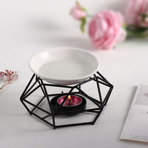 SXCHEN Essential Oil Burner - Ceramic Tealight Wax Candle Burner, Black Metal Aroma Diffuser (Set of 1)