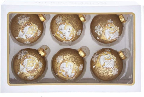 Kurt S. Adler 80MM Gold Glass Ball Ornament Set with Swan, Dove, and Peacock Decals, 6-Piece Boxed, Multi
