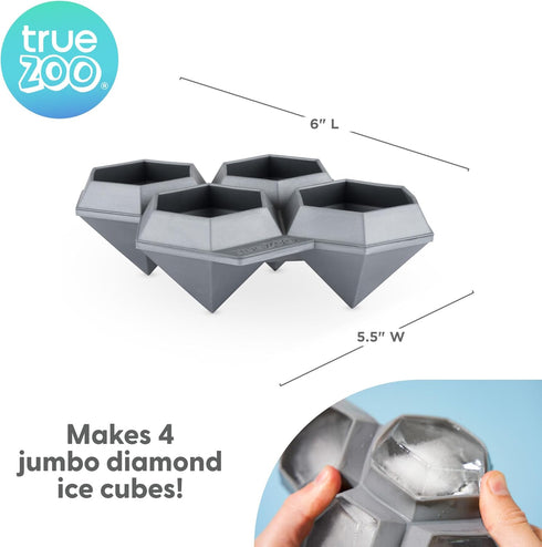 True Zoo Jumbo Iced Out Diamond Ice Tray, Silicone Mold and Ice Cube Tray for Cocktails, Makes 4 Ice Cubes, Grey