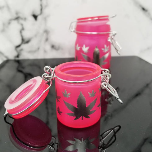 Airtight Glass Herb Mini Storage Jar with Clamping Lid, Available in Frosted Neon Pink/Silver Leaves Design