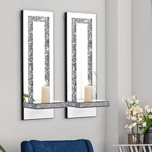 Aeveco Set 2, 4)) Crystal Crush Diamond Mirrored Candle Sconces, Silver Wall Candle Holder of Wall Decorations