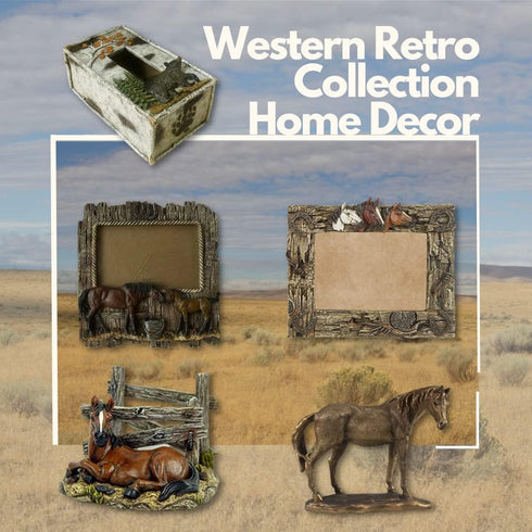 Comfy Hour Western Retro Collection - 6"x5" Photograph Frame with Running Horses and Horseshoes, Blue