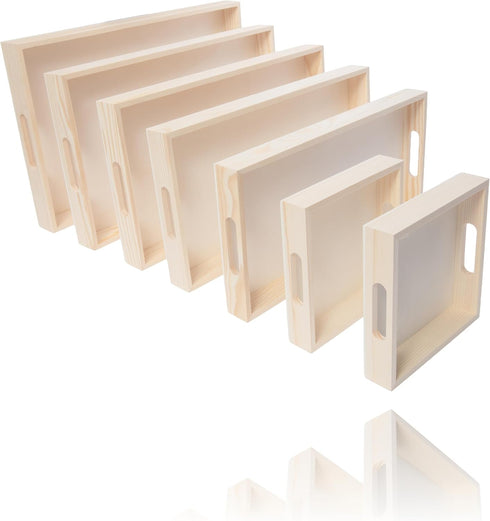 Set 7 Wooden Nested Serving Trays, Unfinished Rectangle Trays with Cut-Out Handles for Crafts, Ottomans, Serving