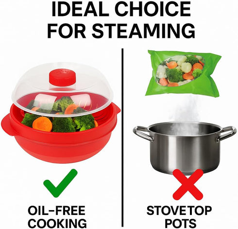 Microwave Steamer for Vegetables, Fish, Poultry & Rice – BPA-Free Cooking Container, Red, Dishwasher Safe