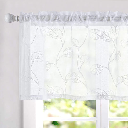 Topick White Sheer Leaf Curtain Valance, 18 Inch Rod Pocket Small Curtain for Windows, Semi Sheer