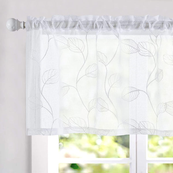 Topick White Sheer Leaf Curtain Valance, 18 Inch Rod Pocket Small Curtain for Windows, Semi Sheer