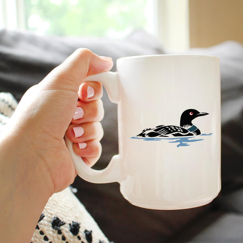 Loon Coffee Mug, Fun Bird Gifts and Lake Decor for Wildlife Lovers, Large 15oz White Ceramic Mug