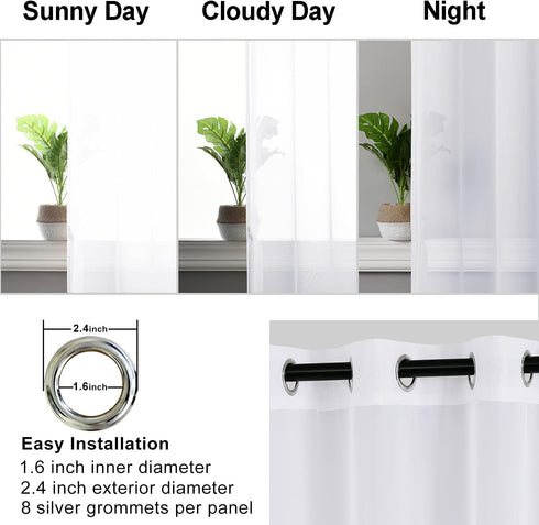 Hiasan White Sheer Curtains, 84 Inches Long with Tiebacks, Lightweight Voile Grommet Window Curtains, Set of 2 Panels