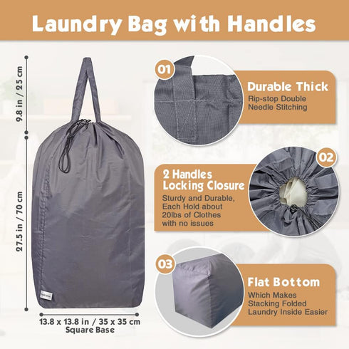 Tear Proof Nylon Laundry Bag with Handles, Hamper Liner with Drawstring Closure, 27.5x34.5 inches, Blue Aqua and Grey