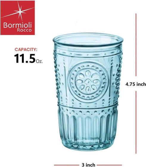 Bormioli Rocco Romantic Set of 4 Tumbler Glasses, 11.5 Oz. Colored Crystal Glass, Light Blue, Made in Italy