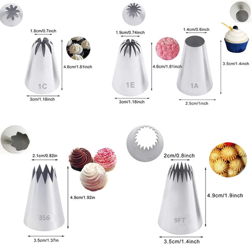 Large Piping Tips Set for Cake Cream Decorating, Icing Nozzle for Cupcakes, Cakes, Cookies (1A, 1C, 1E, 356, 9FT)