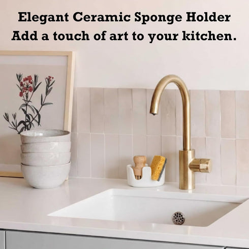 2-Slot Countertop Ceramic Sponge Holder, Dish Sponge Holder for Kitchen Sink, Keeps Sponges Dry & Clean, Rust-Free