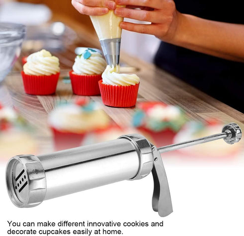Cookies Press Maker Kit, Silver Aluminum Alloy + ABS Cookies Press with 20 Cookies and 4 Nozzles